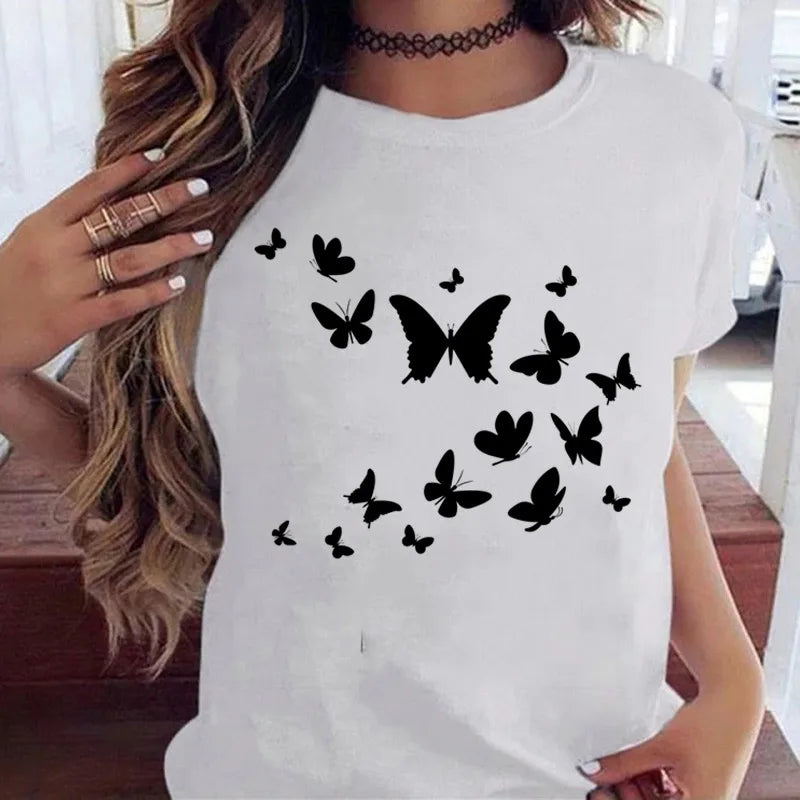 Women’s Butterfly Tree Print Harajuku T-Shirt – Black Round Neck Summer Casual Top