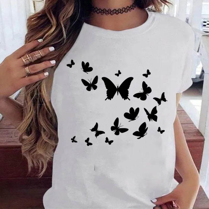 Stylemein - Women’s Butterfly Tree Print Harajuku T-Shirt – Black Round Neck Summer Casual Top