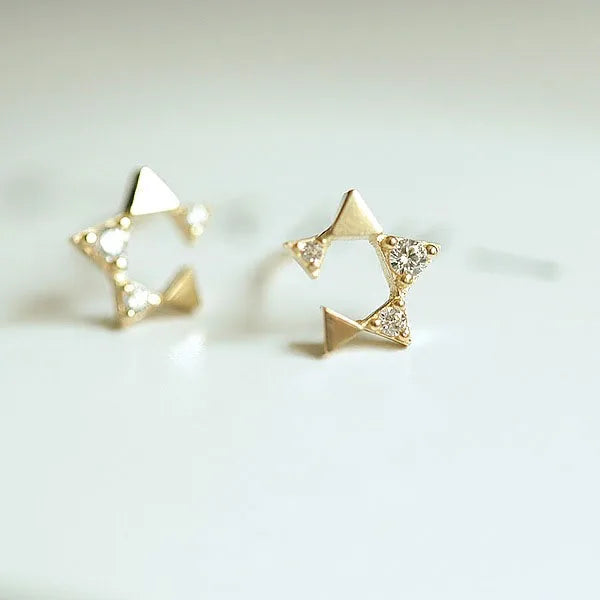 925 Sterling Silver Four-Pointed Star Earrings – 14k Gold Plated Crystal Studs