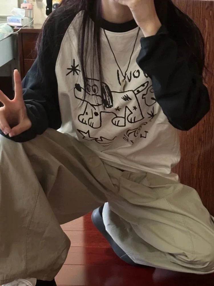 Kawaii Oversized Anime Graphic Long Sleeve Tee – Cute Y2K Japanese Preppy Style for Women - Stylemein