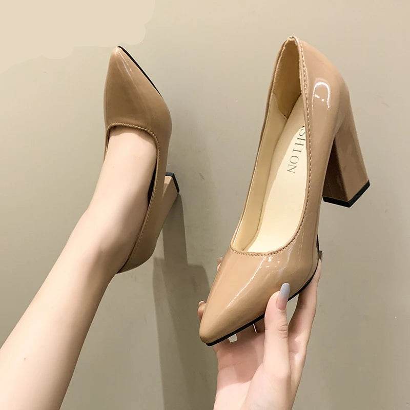 10cm Square Heels – Patent Leather Pumps for Wedding, Party & Office Wear - Stylemein