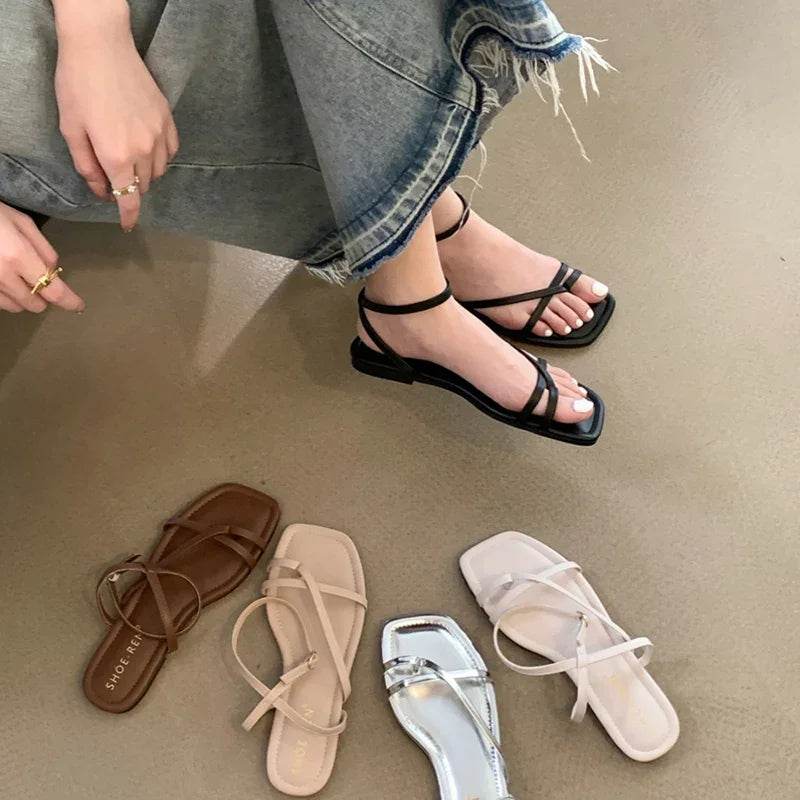Summer Gladiator Sandals – Women’s Elegant Clip-Toe Flats with Narrow Bands - Stylemein