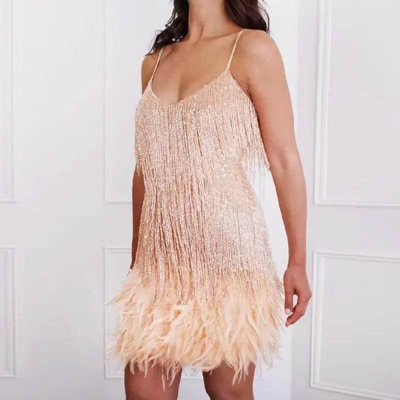 Glamorous Tassel Sequins and Feather Mini Dress for Women - Perfect for Evening Parties and Club Nights - Stylemein