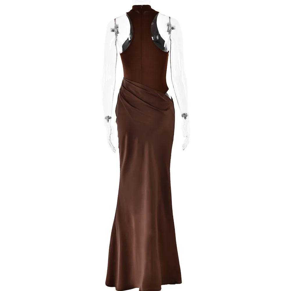 Satin Hollow Out Maxi Dress – Black Sleeveless High Waist Elegant Party Dress for Women - Stylemein