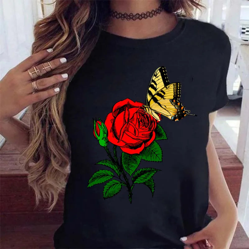 Women’s Butterfly Tree Print Harajuku T-Shirt – Black Round Neck Summer Casual Top