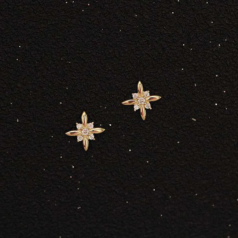 925 Sterling Silver Four-Pointed Star Earrings – 14k Gold Plated Crystal Studs