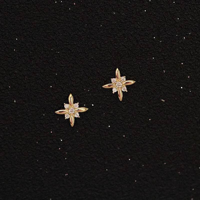 Stylemein - 925 Sterling Silver Four-Pointed Star Earrings – 14k Gold Plated Crystal Studs