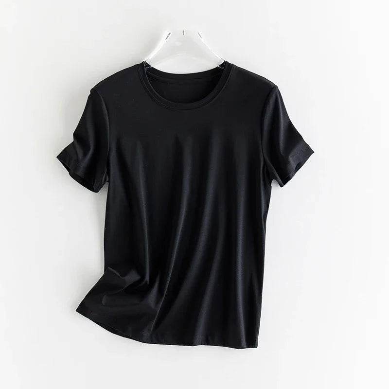Luxury Silk & Mercerized Cotton Women’s T-Shirt – Short Sleeve Silky Feel V/O-Neck Summer Top - Stylemein