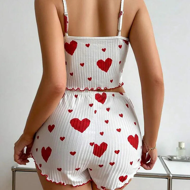 Women’s 2-Piece Pajama Set – White Love Print Tank Top & Shorts Sleepwear