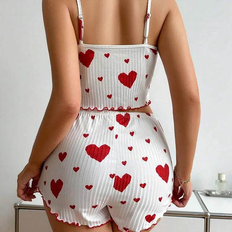 Stylemein - Women’s 2-Piece Pajama Set – White Love Print Tank Top & Shorts Sleepwear