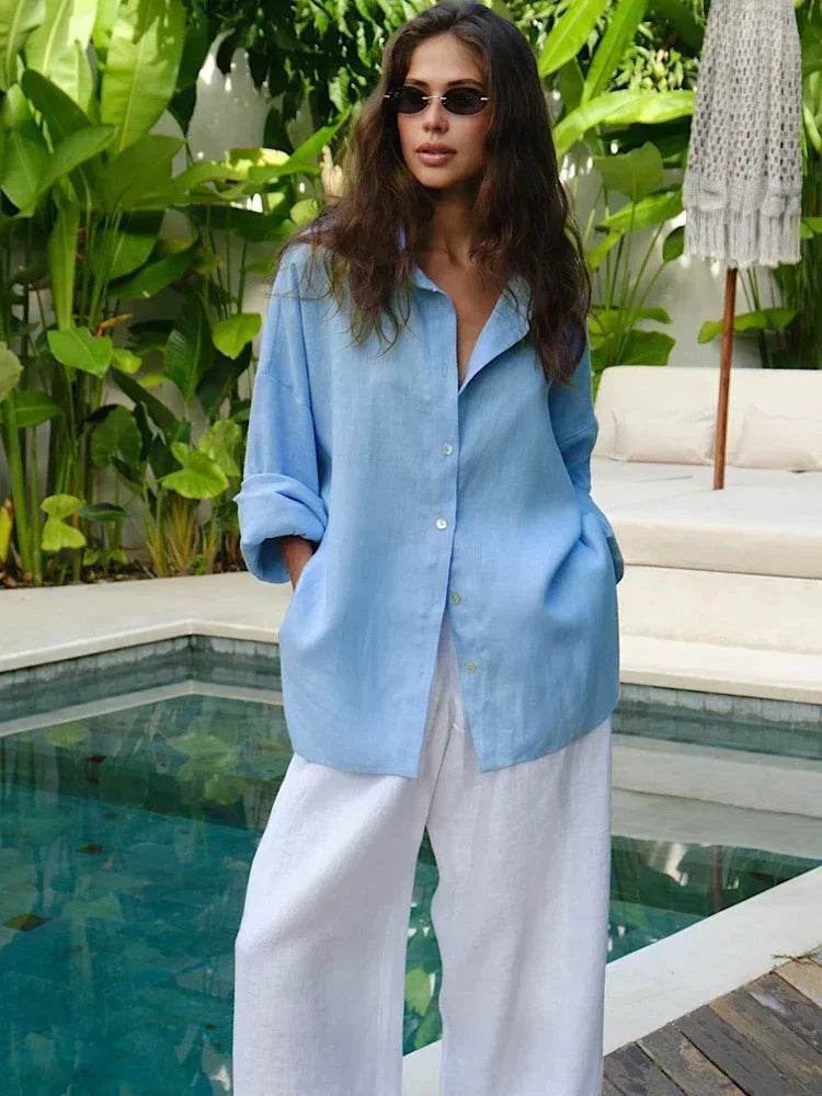 Oversized Cotton Linen Shirt – Women’s Long Sleeve Vintage Blouse - Stylemein