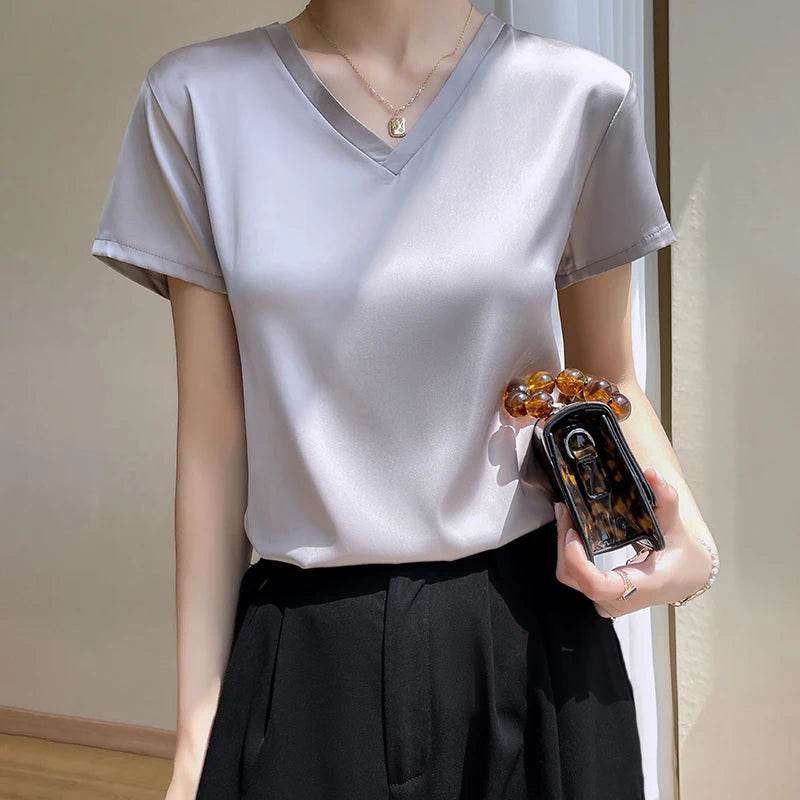Elegant Satin Silk V-Neck Women's T-Shirt – Short Sleeve Solid Basic Top for Summer - Stylemein