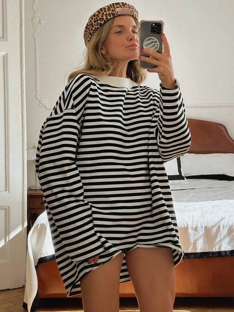 Oversized Striped Cotton T-Shirt – Women’s Long Sleeve Casual Top - Stylemein