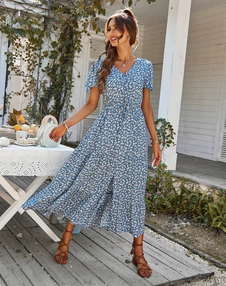 Chic Vintage Floral Summer Dress: Elegant High Waist Slit Maxi for Women - Stylemein