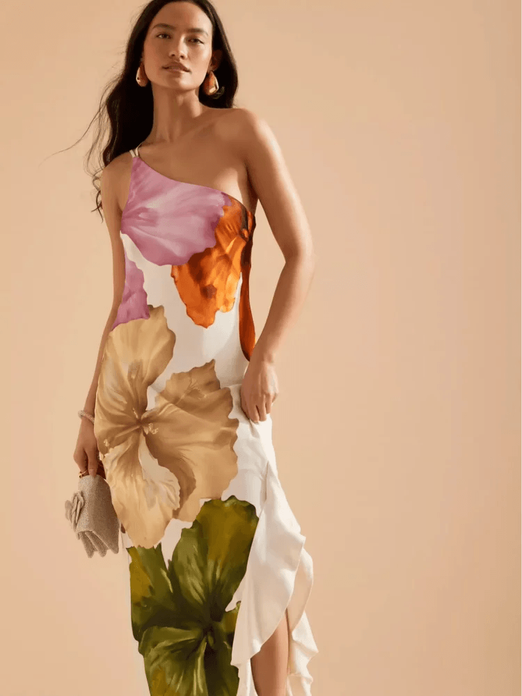 Fashion Printed Off-Shoulder Irregular Neck Cocktail Gown | Summer Party Dress with Open Fork Detail - Stylemein