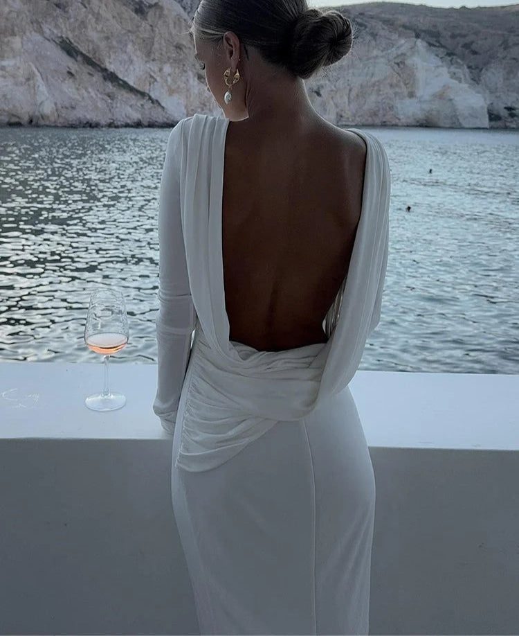 Solid Backless Full Sleeve Maxi Dress – Elegant Sheath Evening Gown for Women