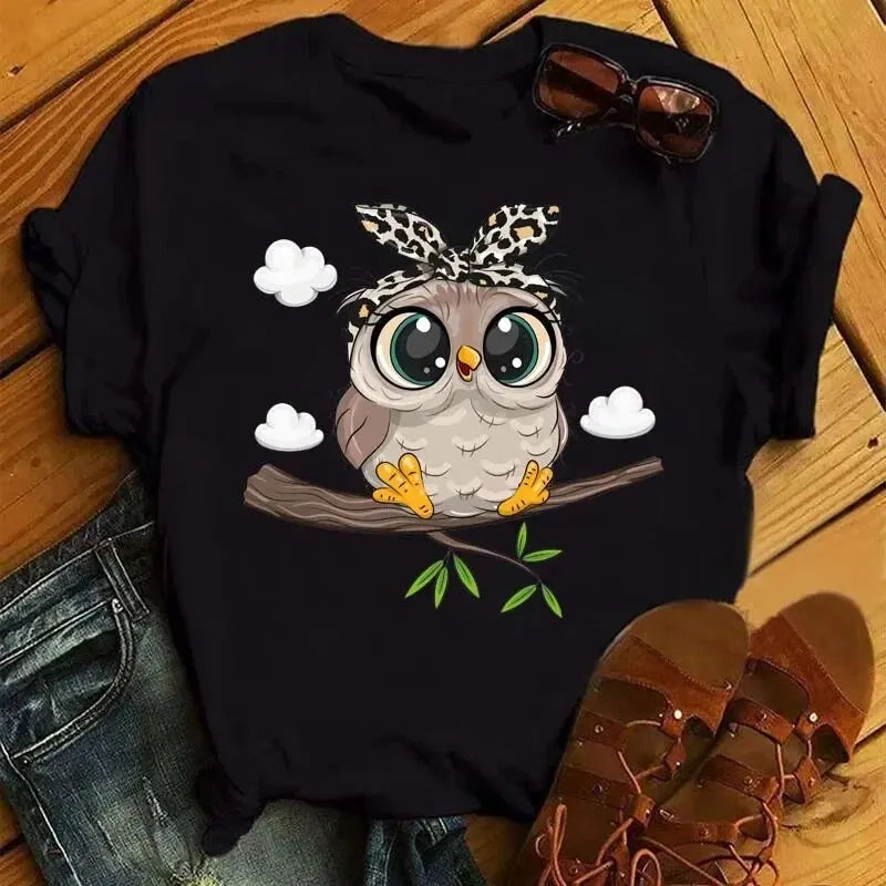 Women’s Cartoon Owl Print T-Shirt – Kawaii Harajuku Casual Short Sleeve O-Neck Top