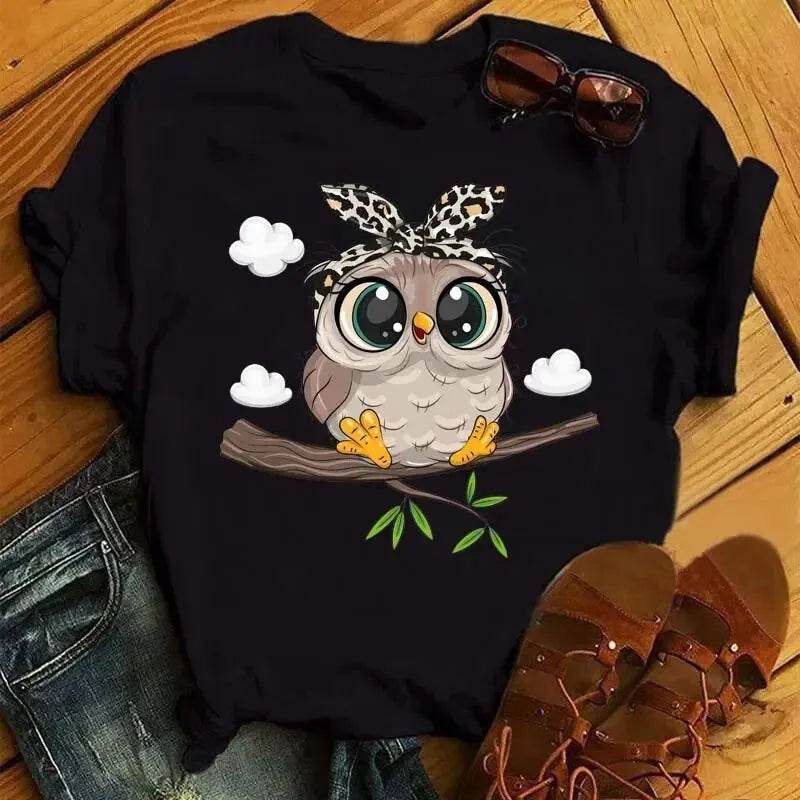 Stylemein - Women’s Cartoon Owl Print T-Shirt – Kawaii Harajuku Casual Short Sleeve O-Neck Top