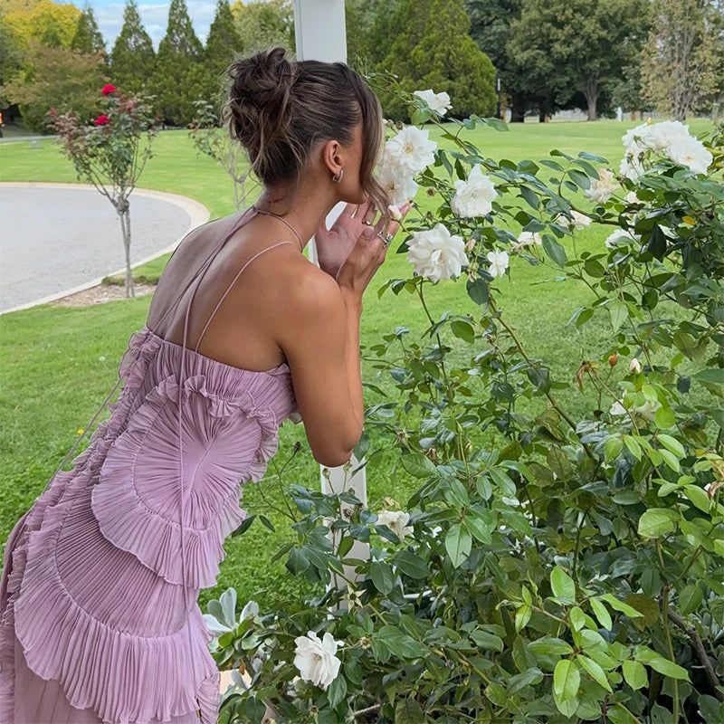Elegant Purple Halter A-Line Prom Gown – Ruffled Tiered Backless Chiffon Evening Dress.