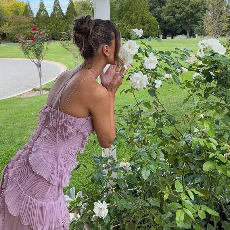 Stylemein - Elegant Purple Halter A-Line Prom Gown – Ruffled Tiered Backless Chiffon Evening Dress.