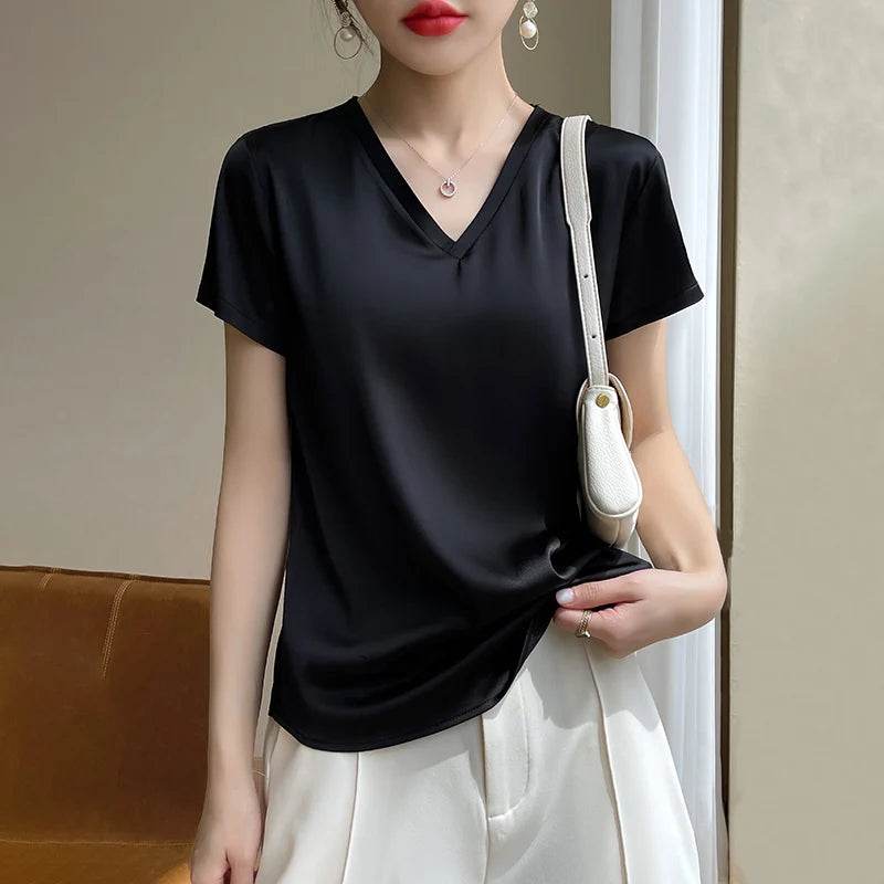 Elegant Satin Silk V-Neck Women's T-Shirt – Short Sleeve Solid Basic Top for Summer - Stylemein