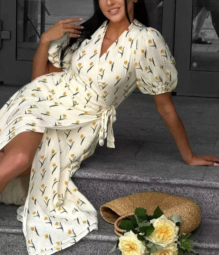 Beige Cotton A-Line Midi Dress – Women’s Lightweight Summer Muslin Dress - Stylemein