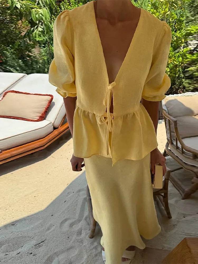 Two-Piece Puff Sleeve Top & Maxi Skirt Set – Women's Elegant Outfit - Stylemein