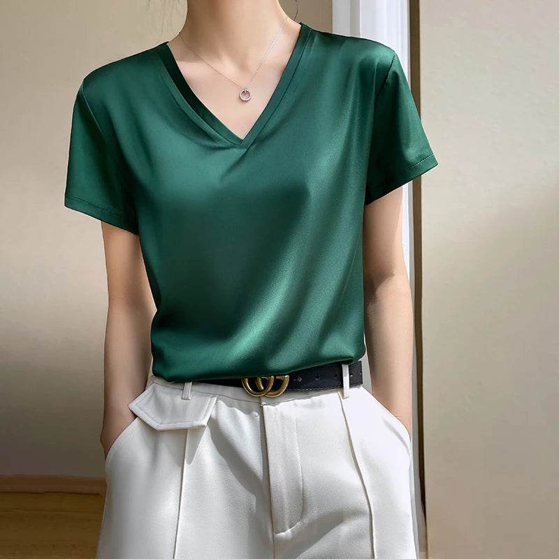 Elegant Satin Silk V-Neck Women's T-Shirt – Short Sleeve Solid Basic Top for Summer - Stylemein
