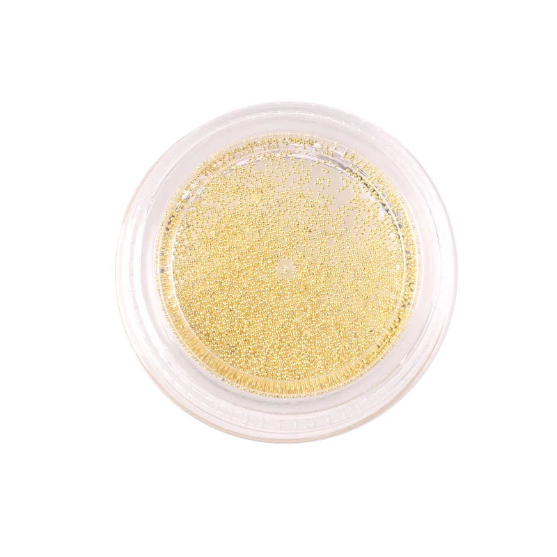 Clear container with yellow glitter powder on a white background