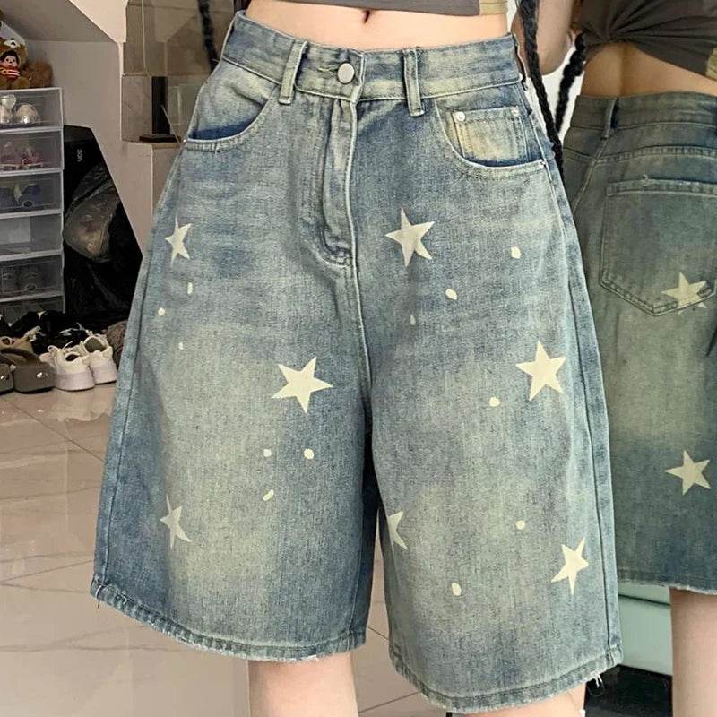 High Waist Retro Wide-Leg Denim Shorts – Washed Knee-Length Street Style - Stylemein
