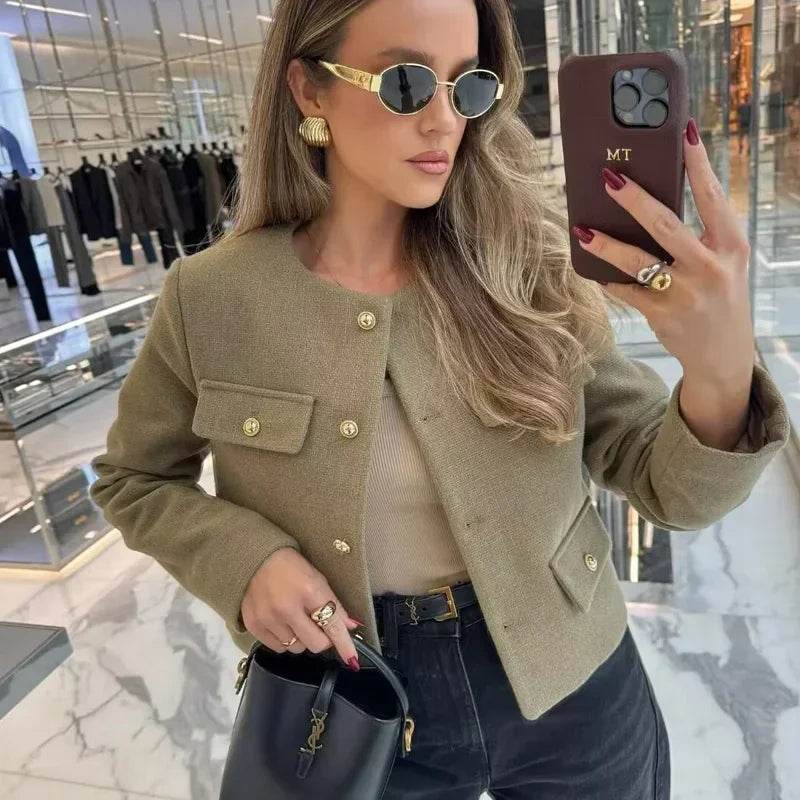 Elegant Cropped Button Jacket: Autumn & Winter Long Sleeve Demi-Season Coat - Stylemein