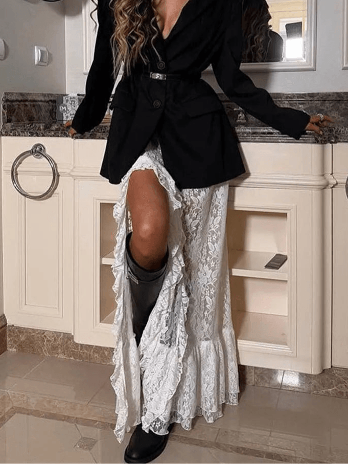 Lace Asymmetrical Long Skirt – Sheer Ruffle Slit Skirt for Women - Stylemein
