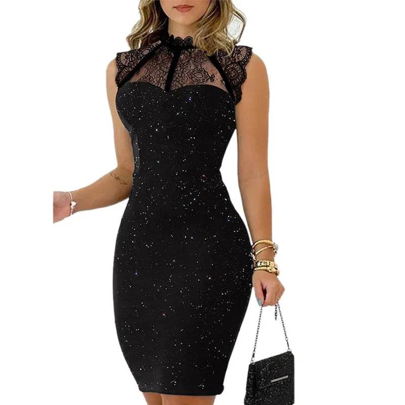 Shimmering Elegance: Glitter Contrast Lace Party Dress - Stylemein