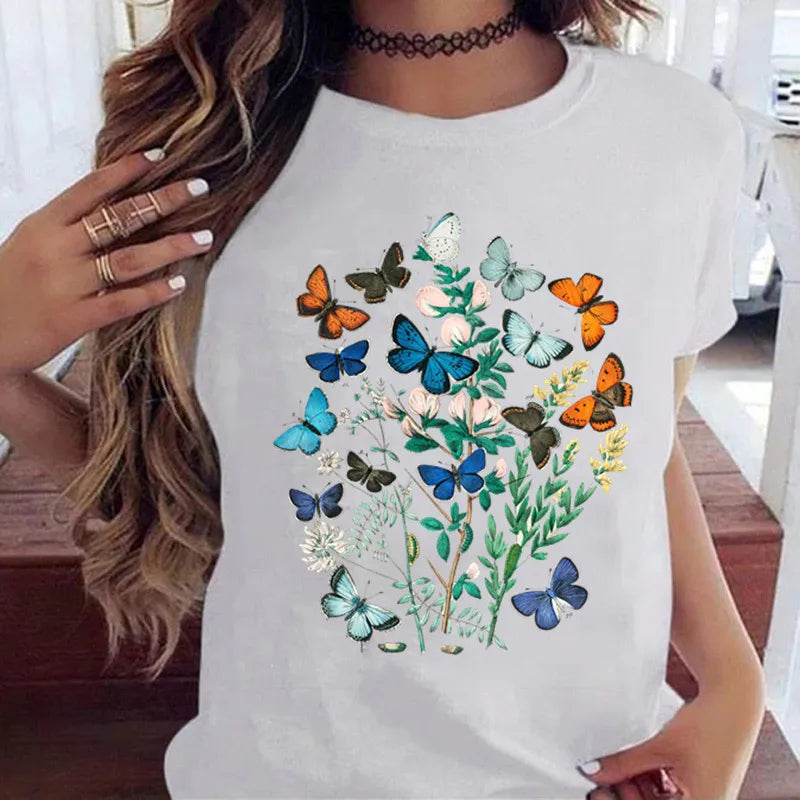Women’s Butterfly Tree Print Harajuku T-Shirt – Black Round Neck Summer Casual Top