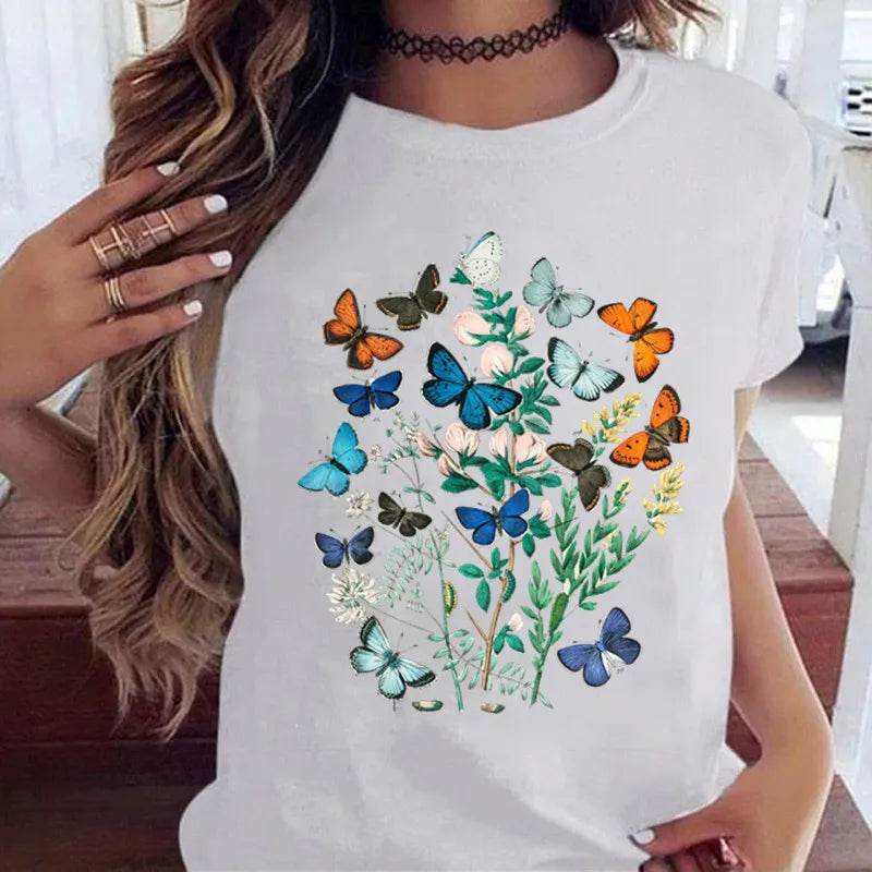 Stylemein - Women’s Butterfly Tree Print Harajuku T-Shirt – Black Round Neck Summer Casual Top
