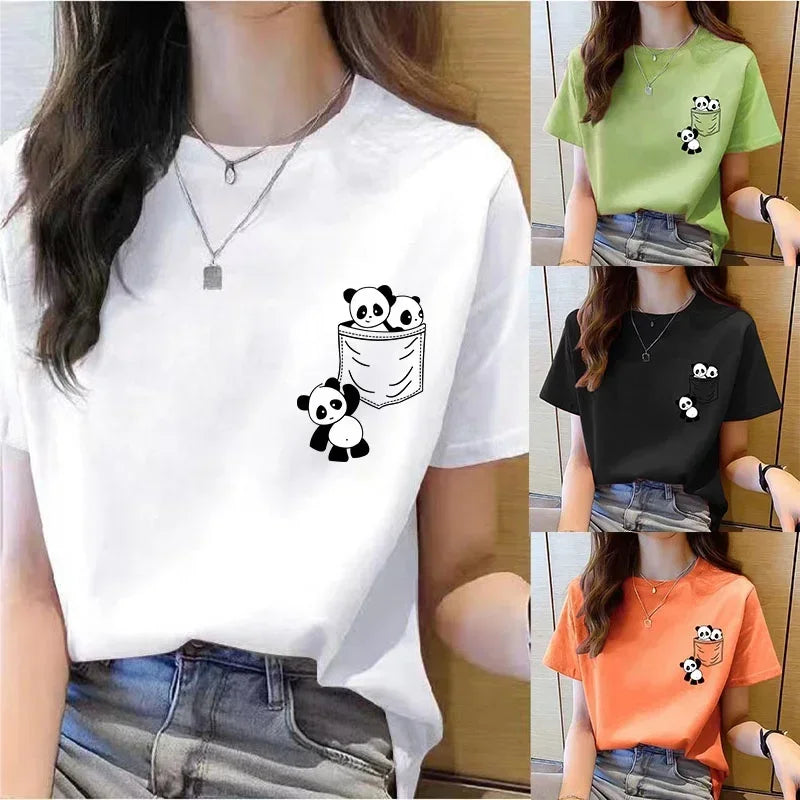 Collage of four people wearing t-shirts with panda designs in different colors.