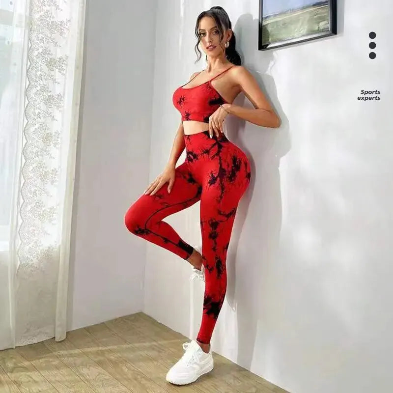 Fitness model in tie-dye yoga activewear

