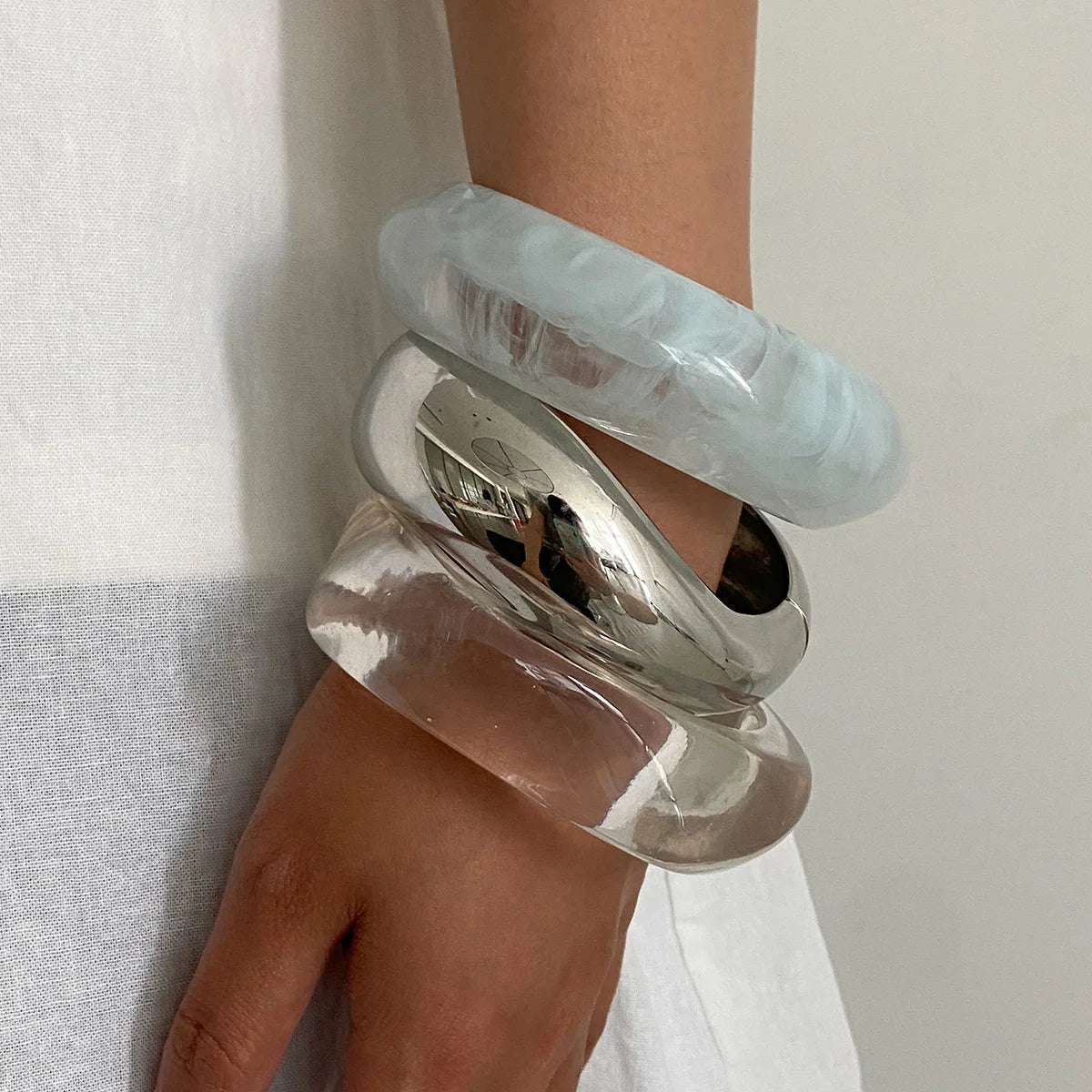 Punk Geometric Acrylic Resin Bangle – Silver Color Bracelet for Women & Men