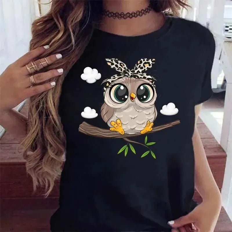 Women’s Cartoon Owl Print T-Shirt – Kawaii Harajuku Casual Short Sleeve O-Neck Top