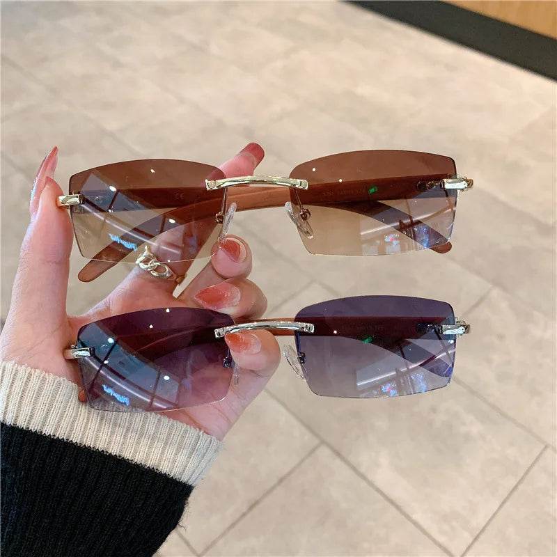 Stylemein - Rimless Wooden Pattern Sunglasses – Retro UV400 Shades for Men & Women