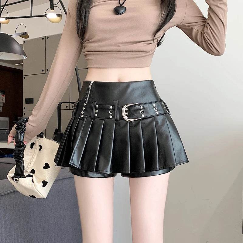 Gothic Pleated Faux Leather Skirt – Black Y2K A-Line Mini Skort - Stylemein