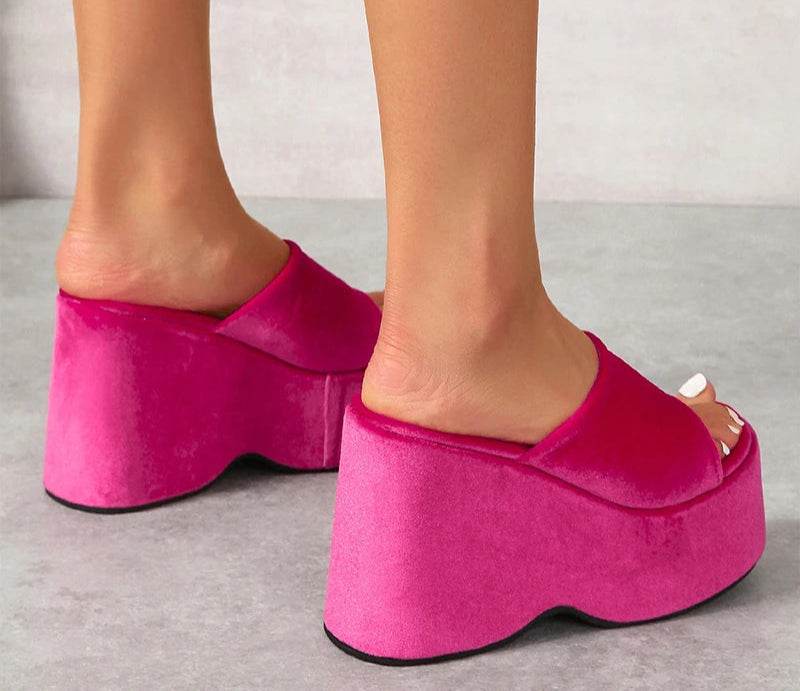 Rose Red Platform Wedge Slides – Stretch Fabric, Thick Sole, Summer Flip Flops, Beach Slippers - Stylemein