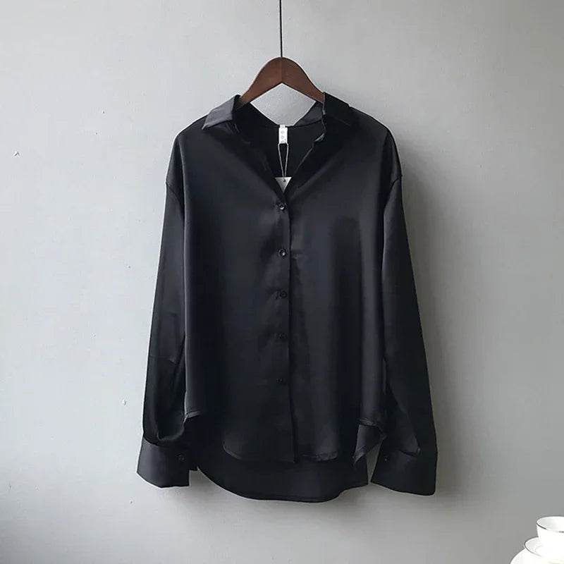 Elegant Satin Loose Fit Women's Shirt – Turn-Down Collar Casual Button Blouse for Spring and Autumn - Stylemein