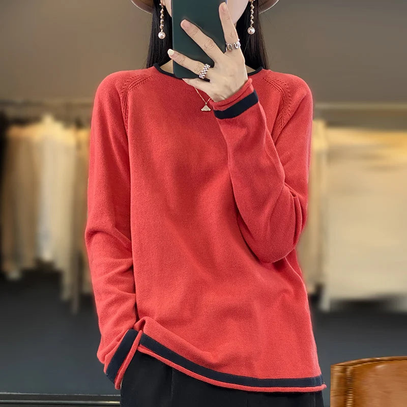 Cotton Knit Sweater – Loose Round Neck Color Block Top