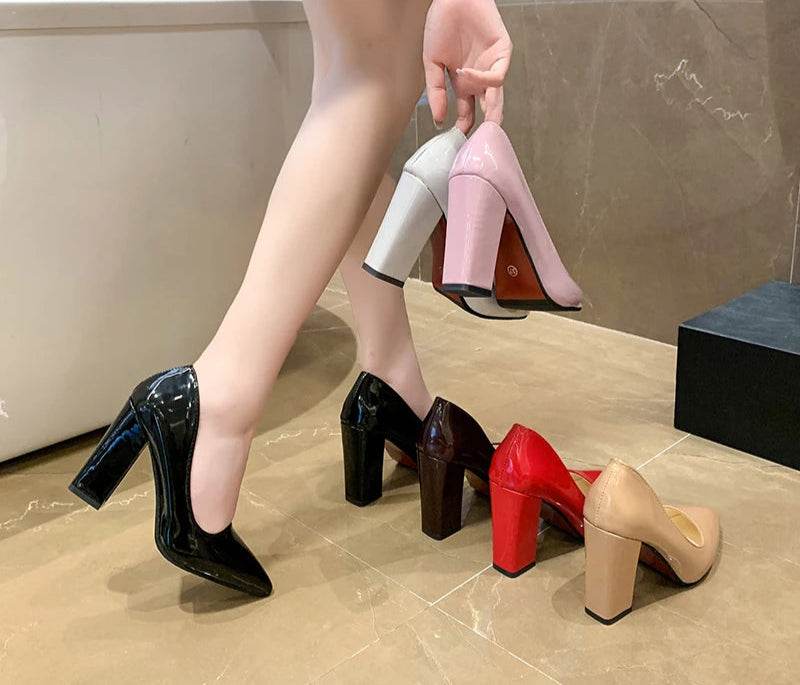 10cm Square Heels – Patent Leather Pumps for Wedding, Party & Office Wear - Stylemein