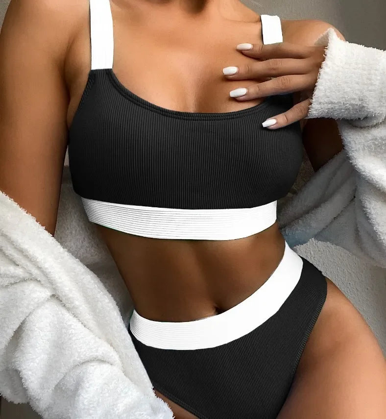 Women’s High Waist Bikini – Ribbed Push Up Splicing Swimwear