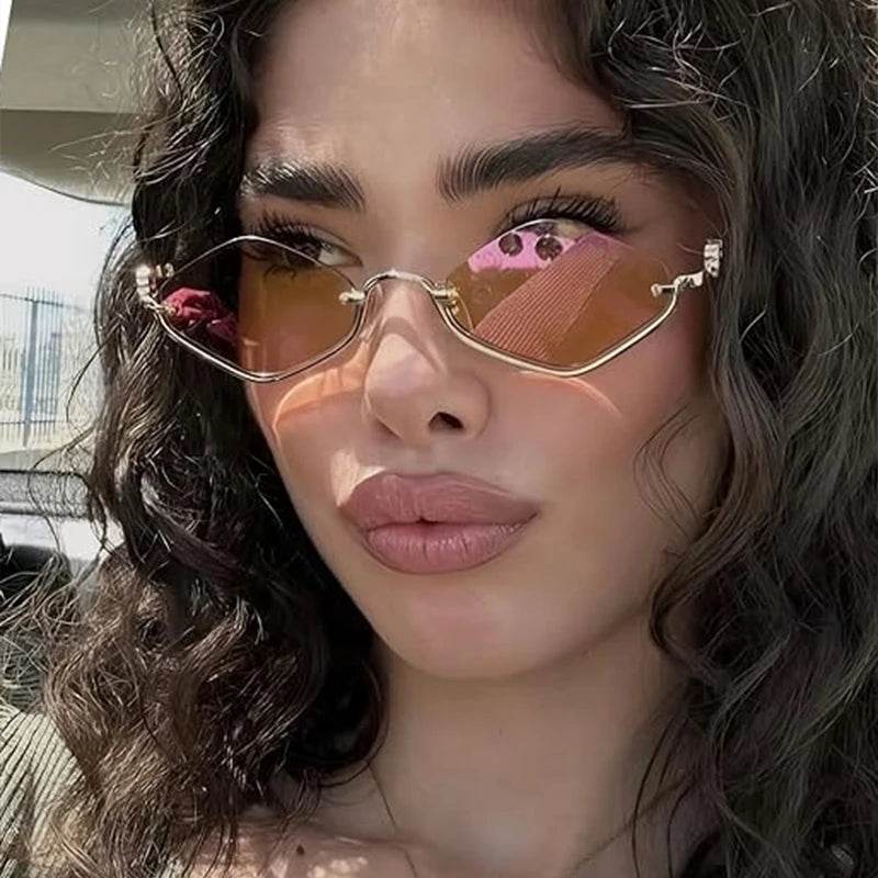 Stylemein - Small Polygonal Sunglasses for Women – Vintage Metal Half Frame Cat Eye Shades