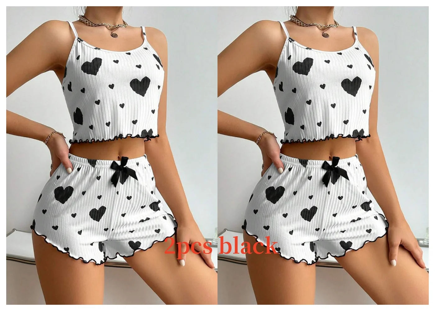Women’s 2-Piece Pajama Set – White Love Print Tank Top & Shorts Sleepwear