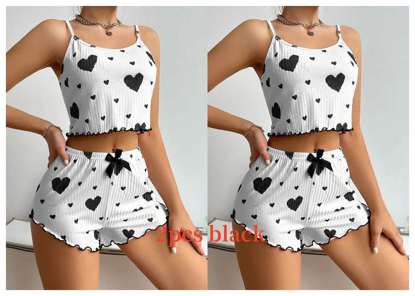 Stylemein - Women’s 2-Piece Pajama Set – White Love Print Tank Top & Shorts Sleepwear