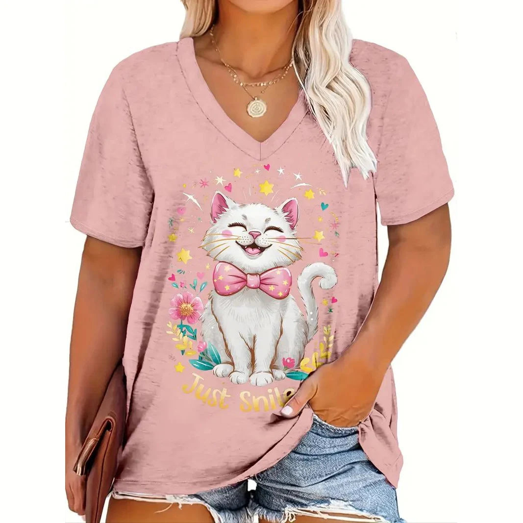 Women’s Oversized Cat Print T-Shirt – Casual Summer Streetwear Top